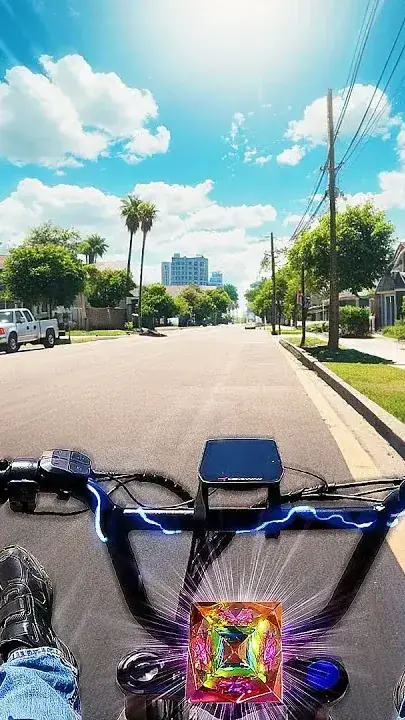 Handlebar view of an electric bike on a palm-lined residential road under a clear sky