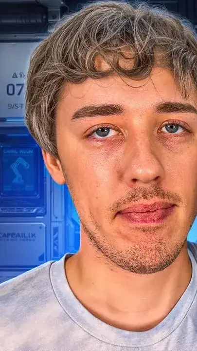 Tech reviewer facing the lens on a blue sci-fi set