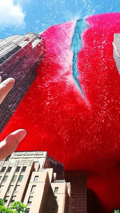 A huge red balloon splits open where it jams between high-rises, one hand raised at the left edge